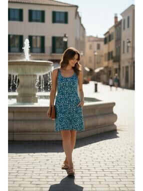 Stonewear Designs Blue Patterned Sleeveless Summer Dress with Back Detail SZ LG